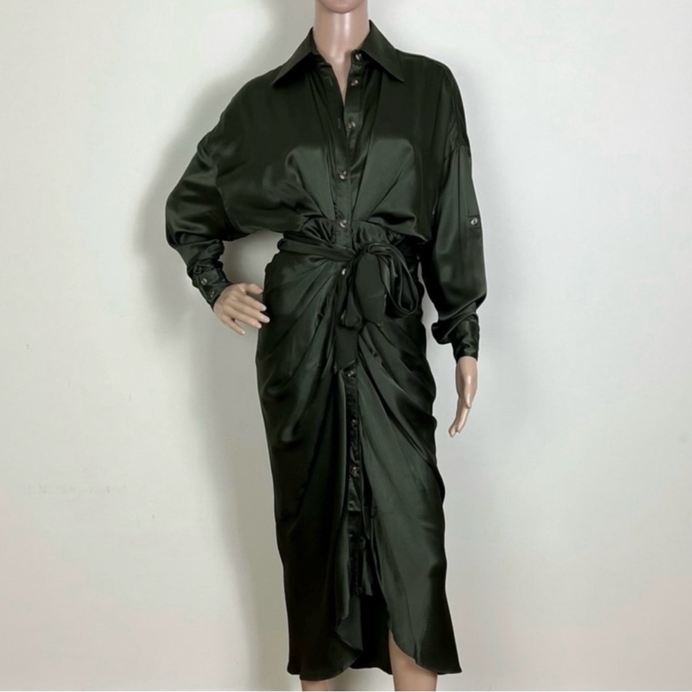 NEW DIVINE HERITAGE GREEN SILK GATHERED MIDI SHIRT DRESS - Picture 2 of 6